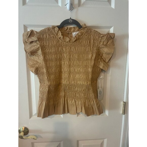 Hyacinth House by Tuckernuck Tan Smocked High Neck Nadine Blouse Shirt XL NWT - Picture 2 of 4